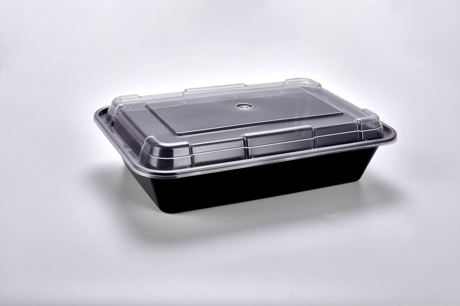 Sunrise Brands SR-888B - 38 oz. Microwaveable Rectangular Container and Lid Combo, Black Base/Clear Lid, 150 ct.