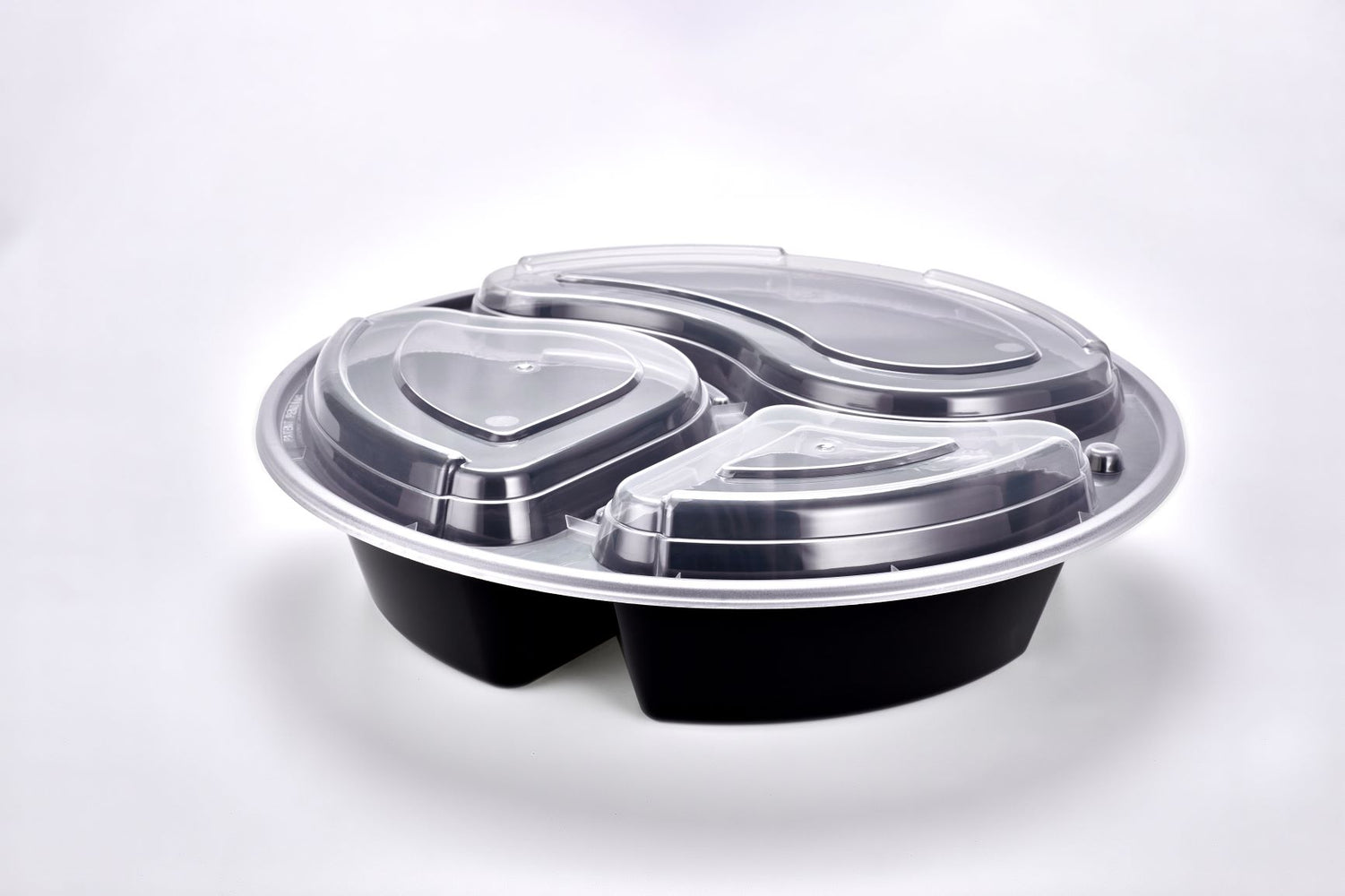Sunrise Brands SR-9388B - 9" Round 38oz 3 Comp. Container and Lid Combo, Black Base/Clear Lid, 150 ct.