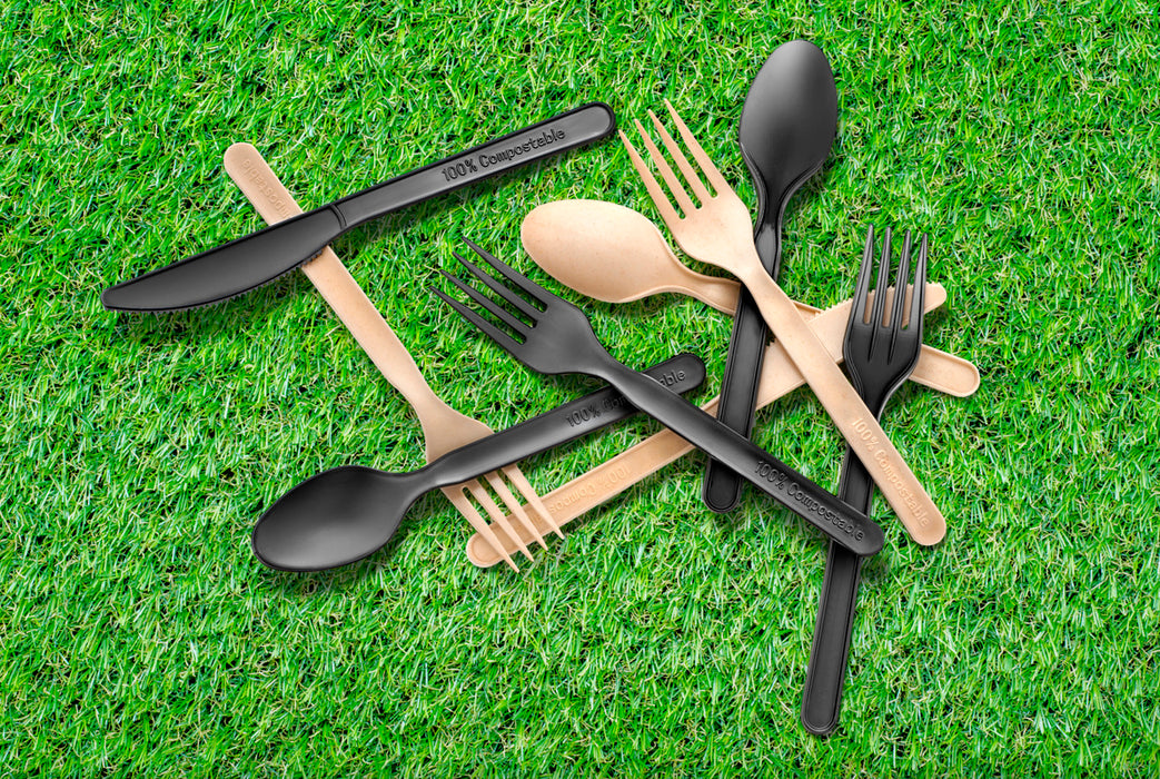 Compostable & Heat Proof Bamboo Fiber - 4/1 Cutlery Kit With Kraft Bag - 6 In. (250 KITS)