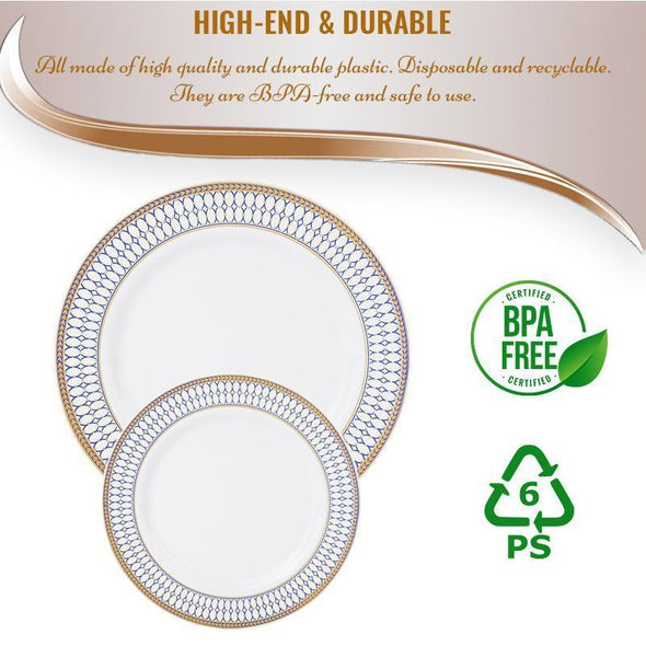 White with Blue and Gold Chord Rim Plastic Dinnerware Value Set of 10.25" Dinner Plates & 7.5" Salad Plates