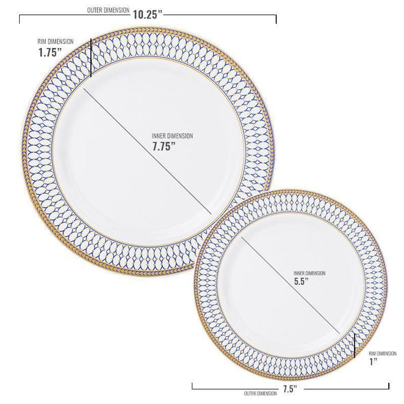 White with Blue and Gold Chord Rim Plastic Dinnerware Value Set of 10.25" Dinner Plates & 7.5" Salad Plates