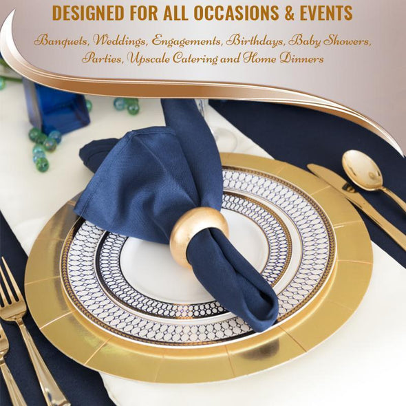 White with Blue and Gold Chord Rim Plastic Dinnerware Value Set of 10.25" Dinner Plates & 7.5" Salad Plates