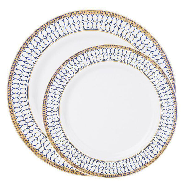 White with Blue and Gold Chord Rim Plastic Dinnerware Value Set of 10.25" Dinner Plates & 7.5" Salad Plates