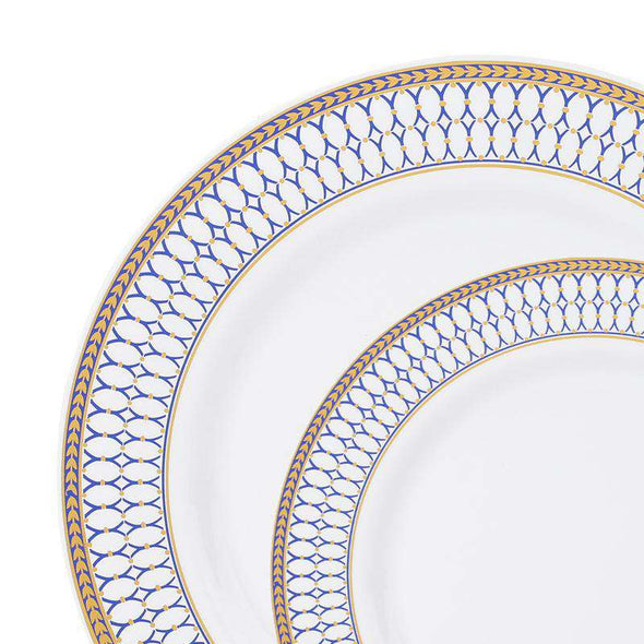 White with Blue and Gold Chord Rim Plastic Dinnerware Value Set of 10.25" Dinner Plates & 7.5" Salad Plates