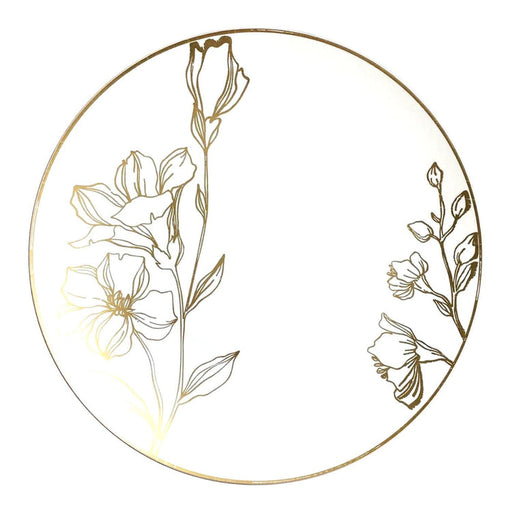 10.25" White with Gold Antique Floral Round Plastic Disposable Dinner Plates (120 Per Case)
