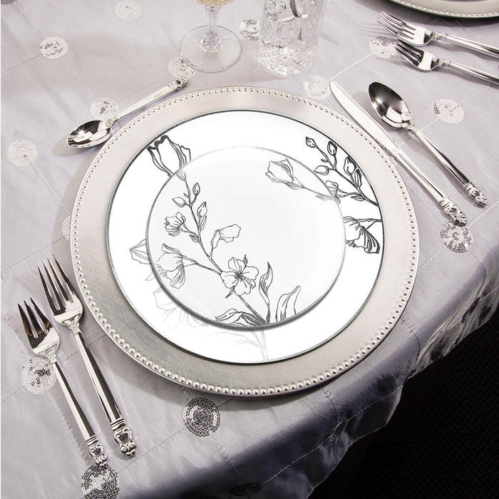 10.25" White with Silver Antique Floral Round Plastic Disposable Dinner Plates (120 Per Case)