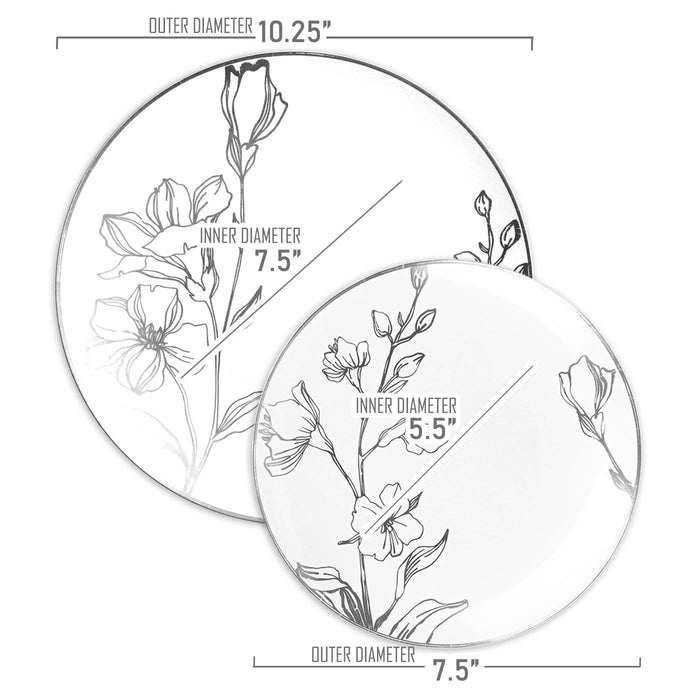 7.5" White with Silver Antique Floral Round Plastic Disposable Dinner Plates (120 Per Case)