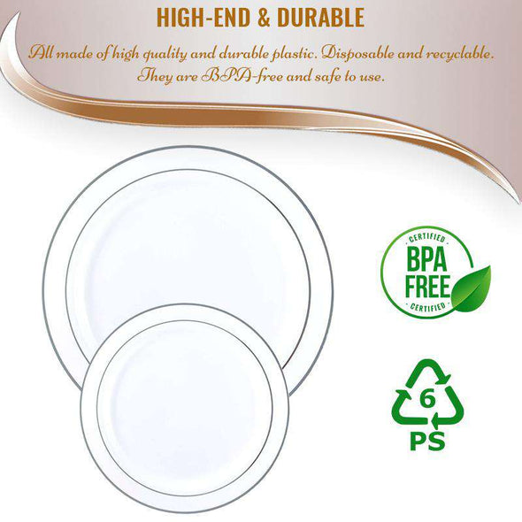 White with Silver Edge Rim Plastic Dinnerware Value Set of (10.25" Dinner Plates & 7.5" Salad Plates)