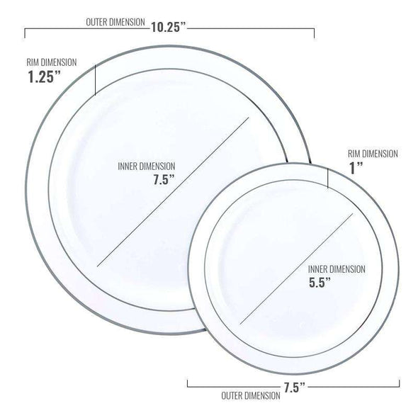 White with Silver Edge Rim Plastic Dinnerware Value Set of (10.25" Dinner Plates & 7.5" Salad Plates)