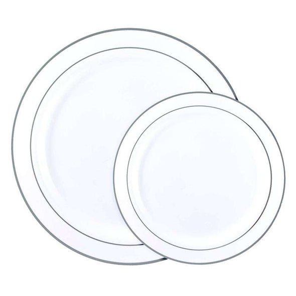 White with Silver Edge Rim Plastic Dinnerware Value Set of (10.25" Dinner Plates & 7.5" Salad Plates)