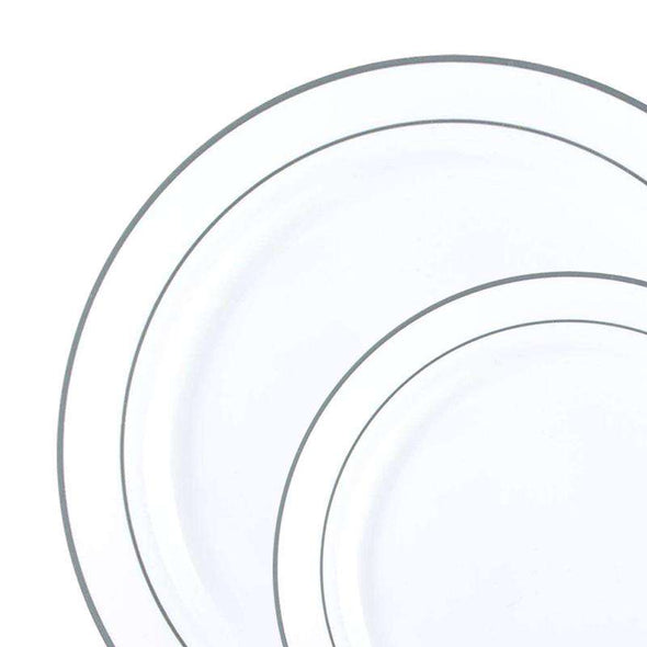 White with Silver Edge Rim Plastic Dinnerware Value Set of (10.25" Dinner Plates & 7.5" Salad Plates)