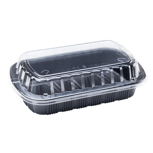 Karat Half Slab Black PP Plastic Rib Container with Clear OPS lid - 100 ct