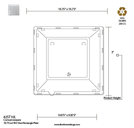 C-Vented Lid For 10.25" Compostable Square Tray - 1.2" (200/Case)