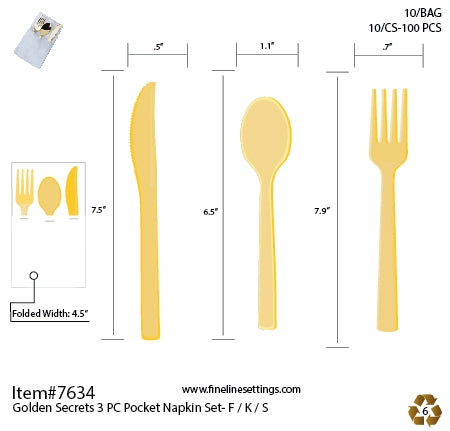 3 PC Pocket Napkin Set - With Golden Fork, Knife, Spoon (70/CS)