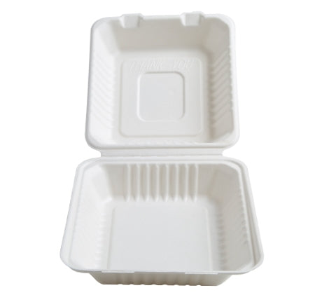 Compostable Hinged Clamshell 8x8 Food Take Out Box, Disposable