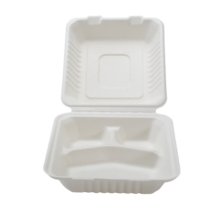 9" X 9" X 3.1" -COMPOSTABLE 3 SECTION HINGED CONTAINER - DEEP (200/CS) - Paper Supplies Plus
