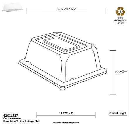 12" X 7" - DOME LID W/VENT FOR RECTANGULAR PLATE (120/CS)