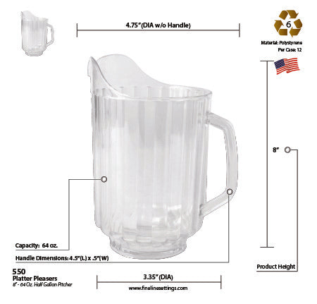8" - 64 OZ. HALF GALLON PITCHER (12/CS) - Paper Supplies Plus
