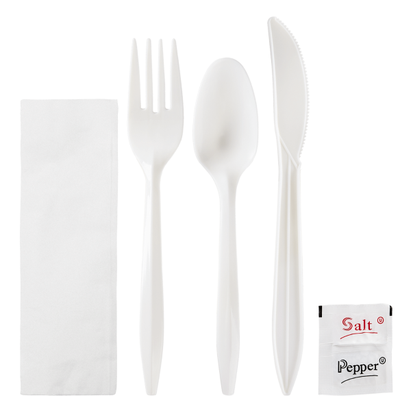 CUTLERY KIT:  FORK, KNIFE, TEA SPOON, NAPKIN 12X13, & SALT & PEPPER MED. WEIGHT (250/CS)