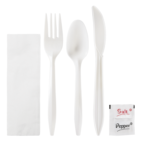 Plastic Medium Weight Cutlery Kits with Salt and Pepper - White - 250 Kits
