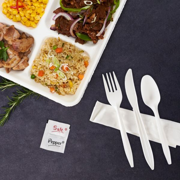 Plastic Medium Weight Cutlery Kits with Salt and Pepper - White - 250 Kits